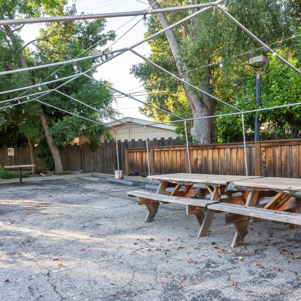 Outdoor dining area with picnic tables under a metal frame with string lights, surrounded by trees.